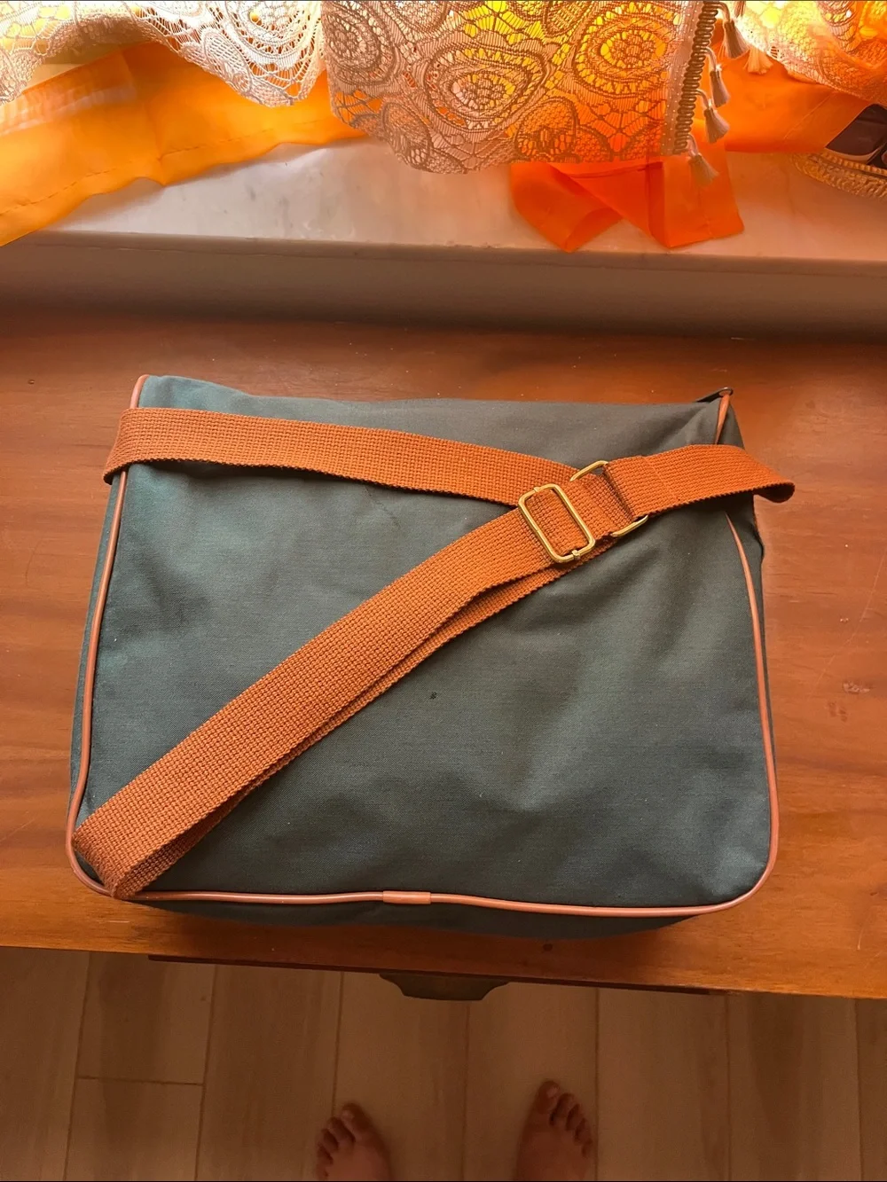 Polo by Ralph Lauren Green Canvas Messenger Bag with Brown Trim